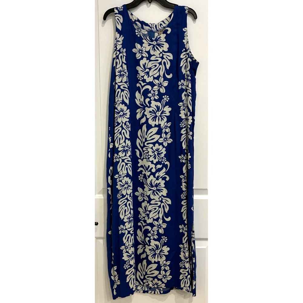 Vintage Aloha Hut Hawaiian Floral Maxi Dress Size M Blue Tropical Slit Rayon